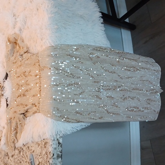 NWT Mac Duggal Sequined V Neck Short Flutter Sleeve Midi Dress SZ 2 in Oyster - Picture 10 of 16